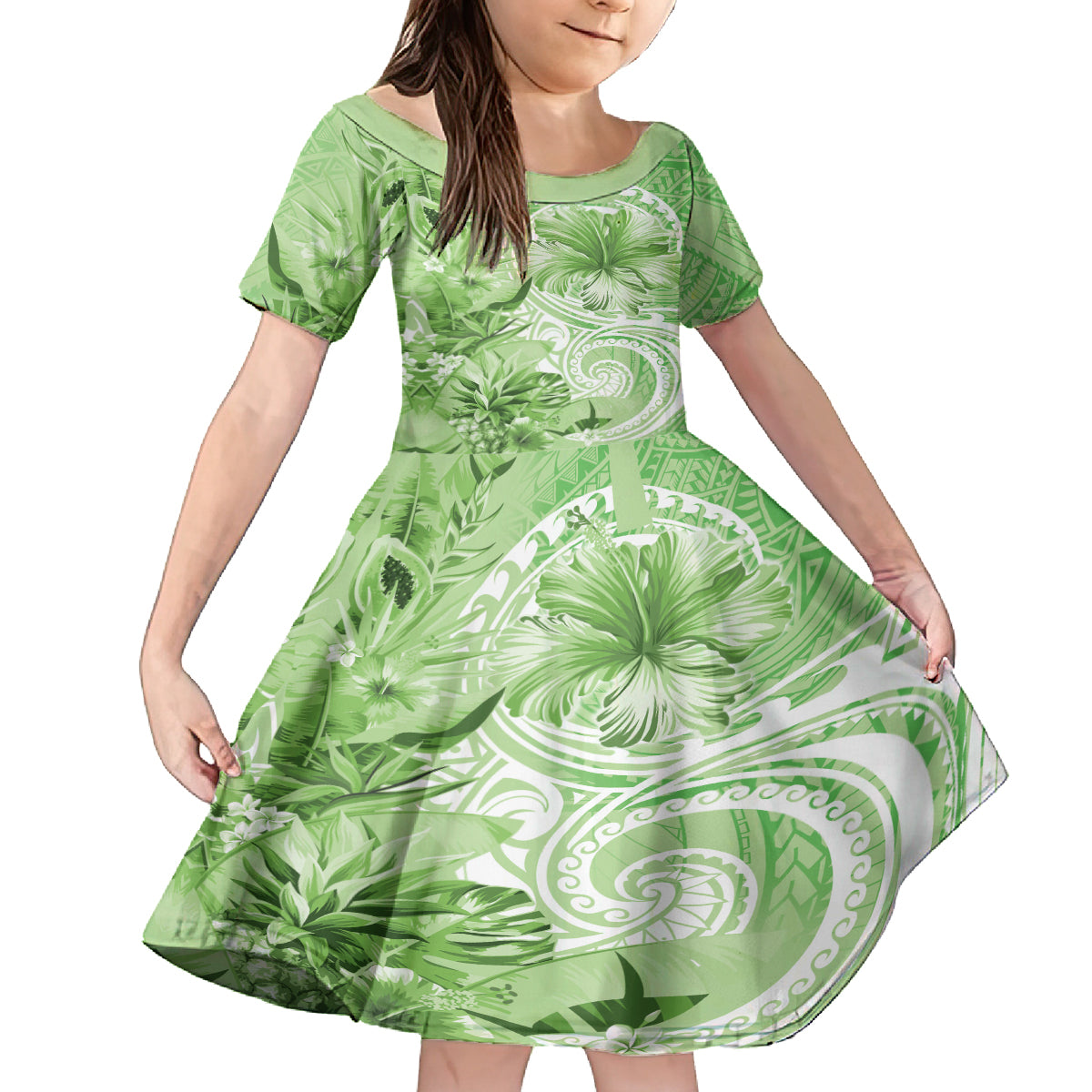 Polynesian Hibiscus Flower Tribal Family Matching Summer Maxi Dress and Hawaiian Shirt Lime Green Color LT9 Daughter's Dress Lime Green - Polynesian Pride