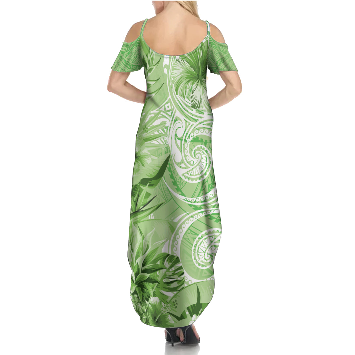Polynesian Hibiscus Flower Tribal Family Matching Summer Maxi Dress and Hawaiian Shirt Lime Green Color LT9 - Polynesian Pride