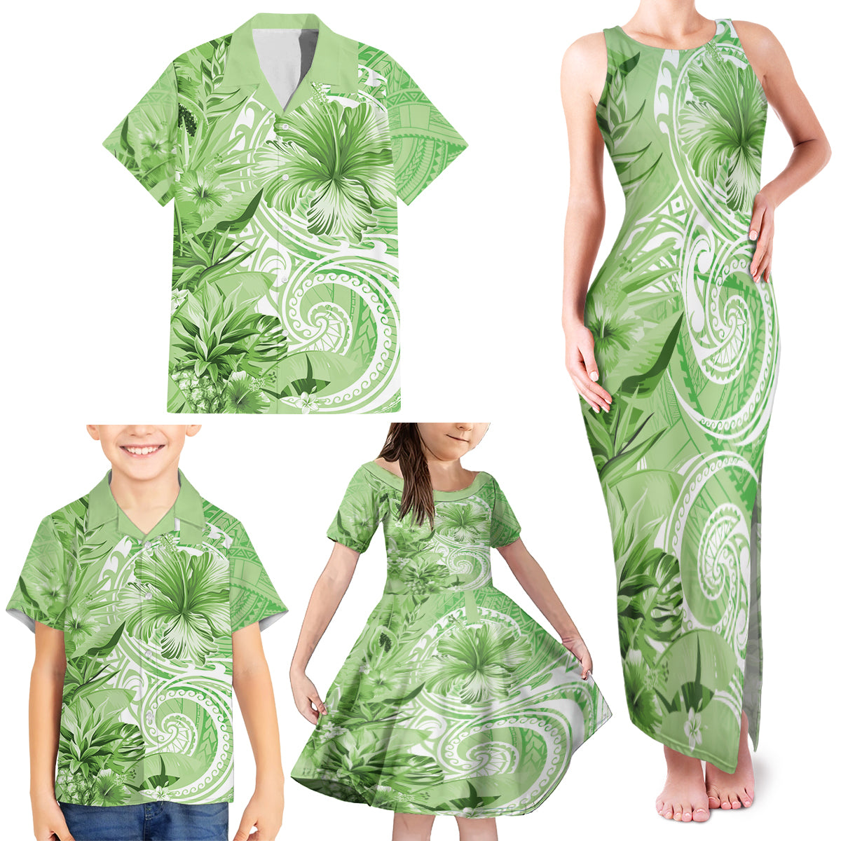 Polynesian Hibiscus Flower Tribal Family Matching Tank Maxi Dress and Hawaiian Shirt Lime Green Color LT9 - Polynesian Pride