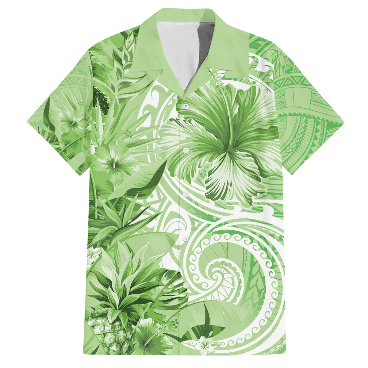 Polynesian Hibiscus Flower Tribal Family Matching Tank Maxi Dress and Hawaiian Shirt Lime Green Color LT9 Dad's Shirt - Short Sleeve Lime Green - Polynesian Pride