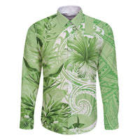 Polynesian Hibiscus Flower Tribal Family Matching Tank Maxi Dress and Hawaiian Shirt Lime Green Color LT9 Dad's Shirt - Long Sleeve Lime Green - Polynesian Pride