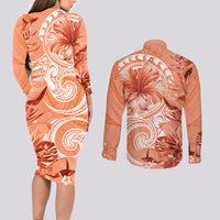 Polynesian Hibiscus Flower Tribal Couples Matching Long Sleeve Bodycon Dress and Long Sleeve Button Shirt Peach Color LT9 - Polynesian Pride
