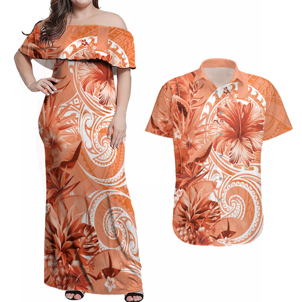 Polynesian Hibiscus Flower Tribal Couples Matching Off Shoulder Maxi Dress and Hawaiian Shirt Peach Color LT9 Peach - Polynesian Pride
