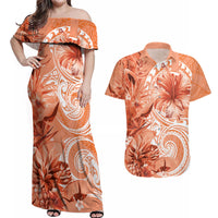 Polynesian Hibiscus Flower Tribal Couples Matching Off Shoulder Maxi Dress and Hawaiian Shirt Peach Color LT9 Peach - Polynesian Pride