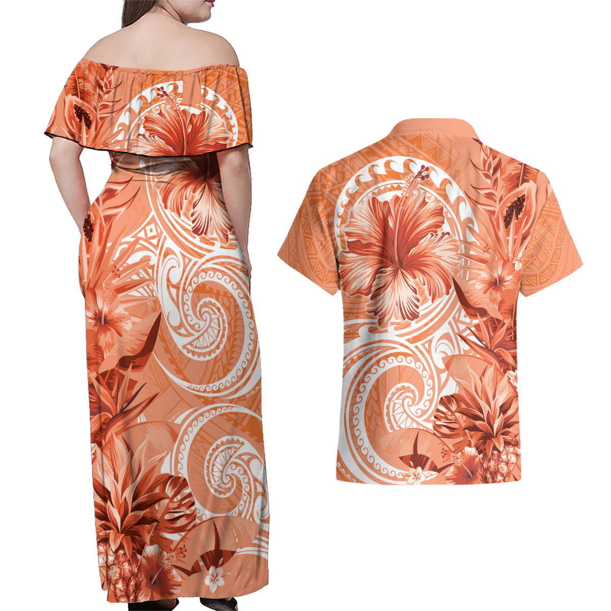 Polynesian Hibiscus Flower Tribal Couples Matching Off Shoulder Maxi Dress and Hawaiian Shirt Peach Color LT9 - Polynesian Pride