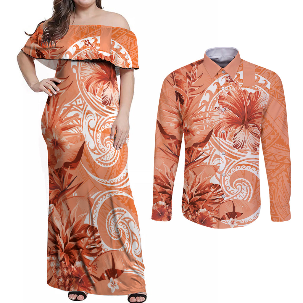 Polynesian Hibiscus Flower Tribal Couples Matching Off Shoulder Maxi Dress and Long Sleeve Button Shirt Peach Color LT9 Peach - Polynesian Pride