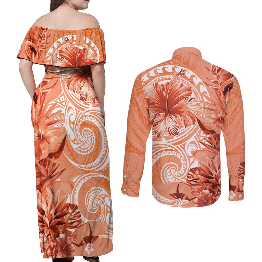 Polynesian Hibiscus Flower Tribal Couples Matching Off Shoulder Maxi Dress and Long Sleeve Button Shirt Peach Color LT9 - Polynesian Pride