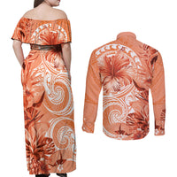 Polynesian Hibiscus Flower Tribal Couples Matching Off Shoulder Maxi Dress and Long Sleeve Button Shirt Peach Color LT9 - Polynesian Pride