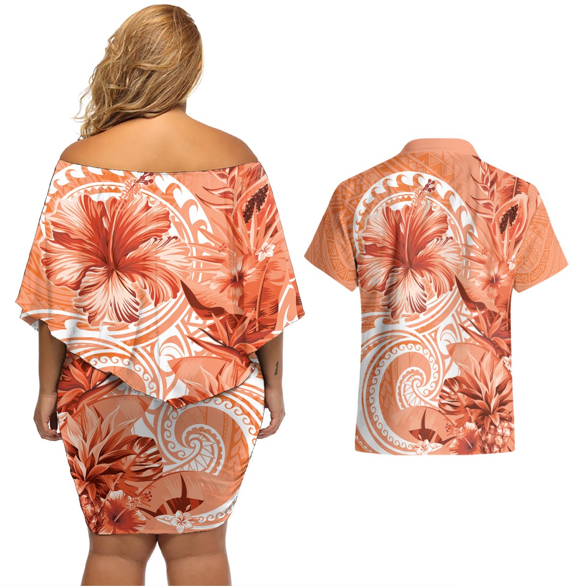 Polynesian Hibiscus Flower Tribal Couples Matching Off Shoulder Short Dress and Hawaiian Shirt Peach Color LT9 - Polynesian Pride