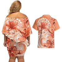 Polynesian Hibiscus Flower Tribal Couples Matching Off Shoulder Short Dress and Hawaiian Shirt Peach Color LT9 - Polynesian Pride
