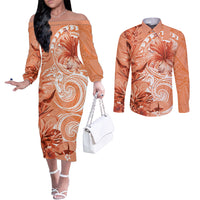 Polynesian Hibiscus Flower Tribal Couples Matching Off The Shoulder Long Sleeve Dress and Long Sleeve Button Shirt Peach Color LT9 Peach - Polynesian Pride