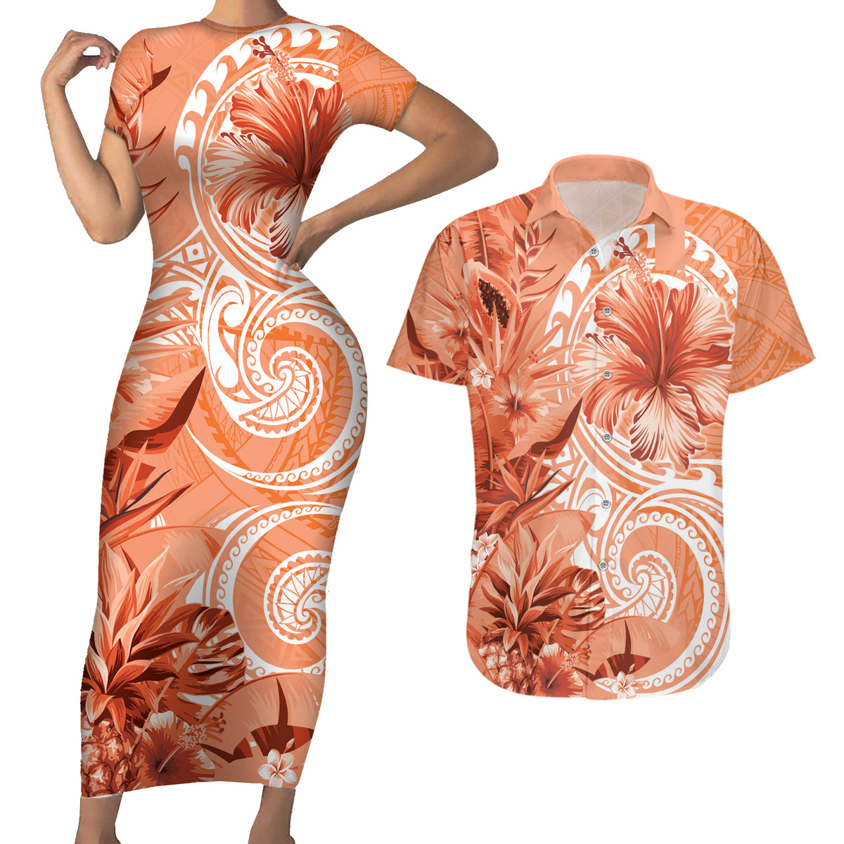 Polynesian Hibiscus Flower Tribal Couples Matching Short Sleeve Bodycon Dress and Hawaiian Shirt Peach Color LT9 Peach - Polynesian Pride