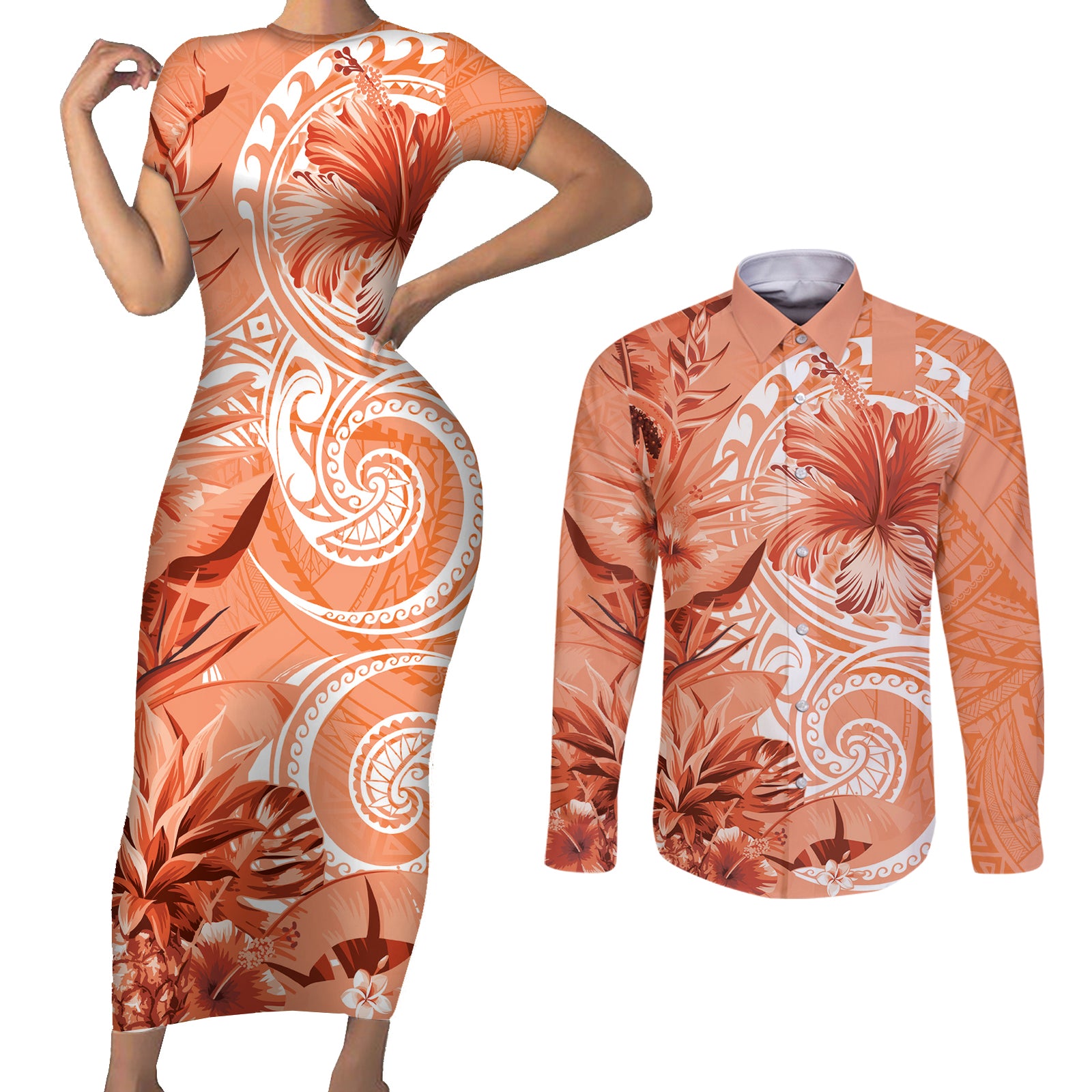 Polynesian Hibiscus Flower Tribal Couples Matching Short Sleeve Bodycon Dress and Long Sleeve Button Shirt Peach Color