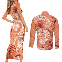 Polynesian Hibiscus Flower Tribal Couples Matching Short Sleeve Bodycon Dress and Long Sleeve Button Shirt Peach Color LT9 - Polynesian Pride