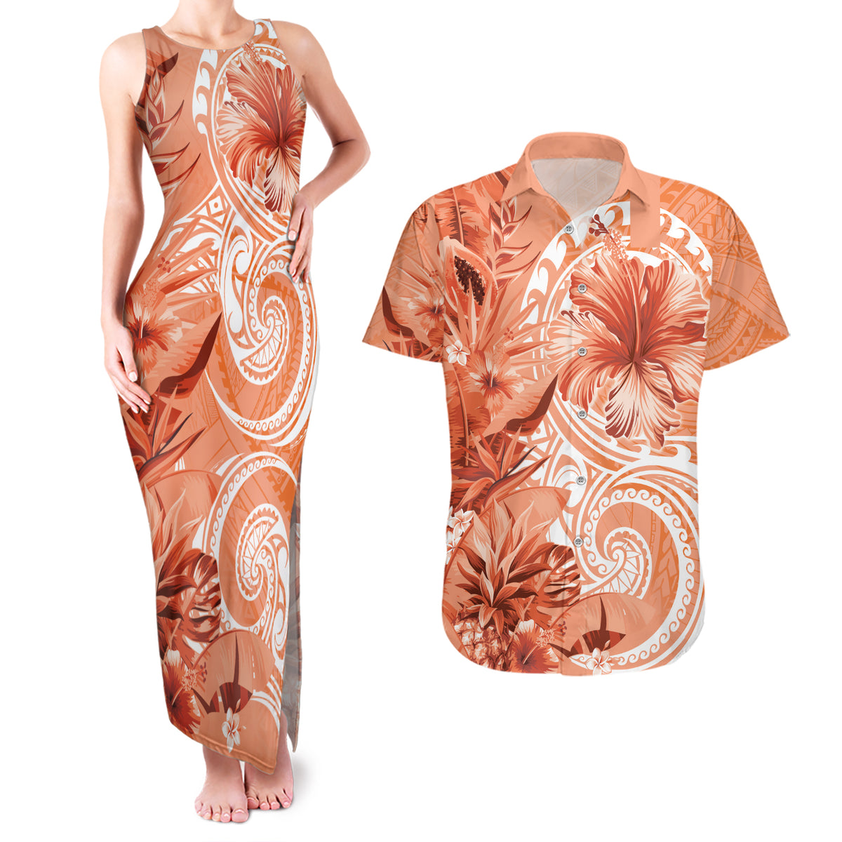 Polynesian Hibiscus Flower Tribal Couples Matching Tank Maxi Dress and Hawaiian Shirt Peach Color LT9 Peach - Polynesian Pride