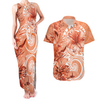 Polynesian Hibiscus Flower Tribal Couples Matching Tank Maxi Dress and Hawaiian Shirt Peach Color LT9 Peach - Polynesian Pride