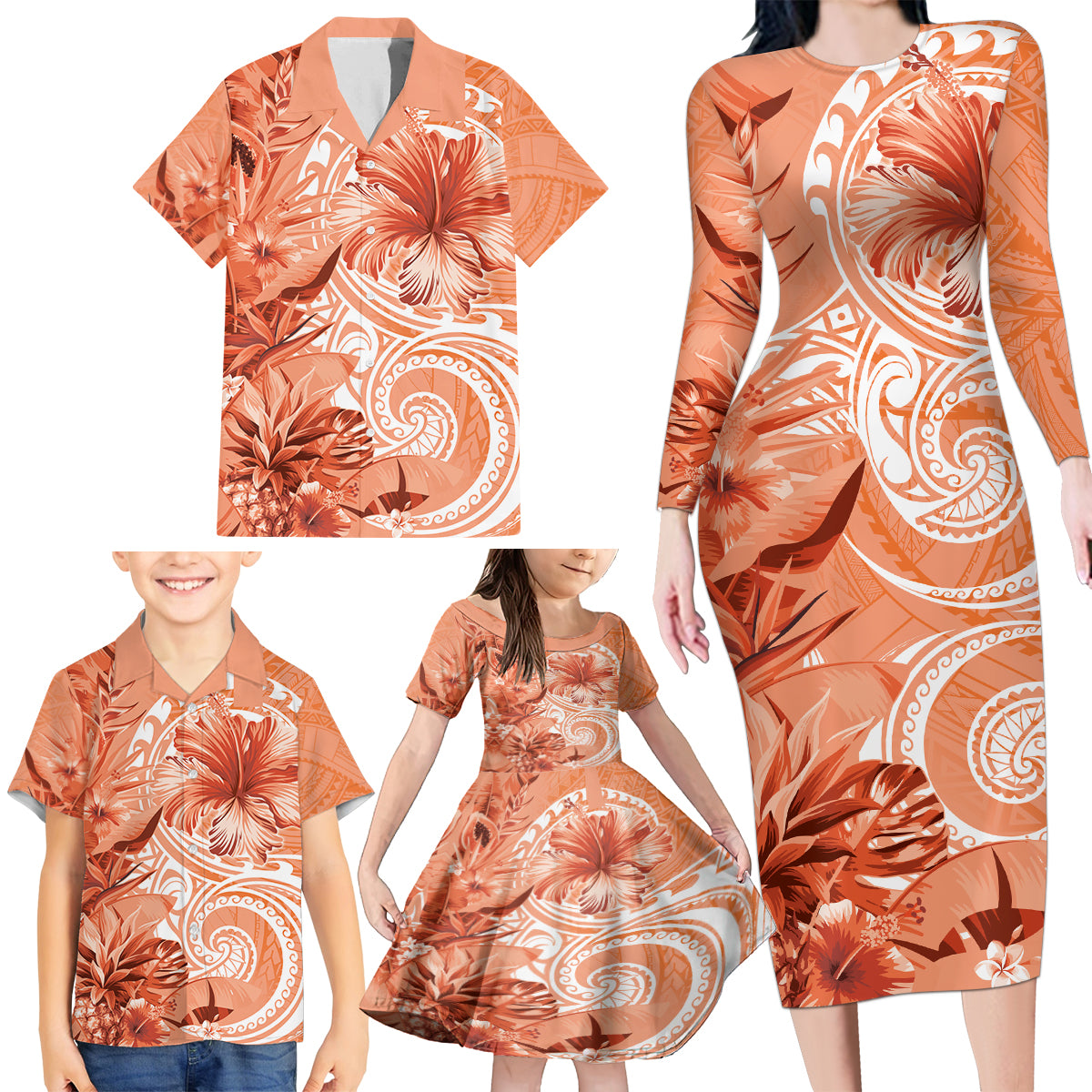 Polynesian Hibiscus Flower Tribal Family Matching Long Sleeve Bodycon Dress and Hawaiian Shirt Peach Color LT9 - Polynesian Pride