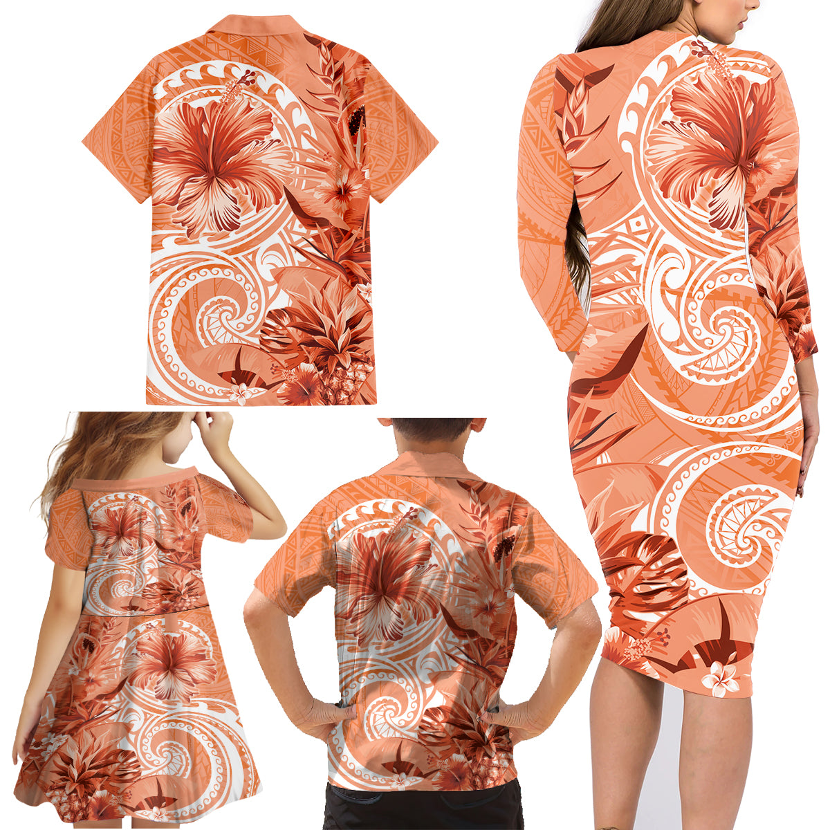 Polynesian Hibiscus Flower Tribal Family Matching Long Sleeve Bodycon Dress and Hawaiian Shirt Peach Color LT9 - Polynesian Pride