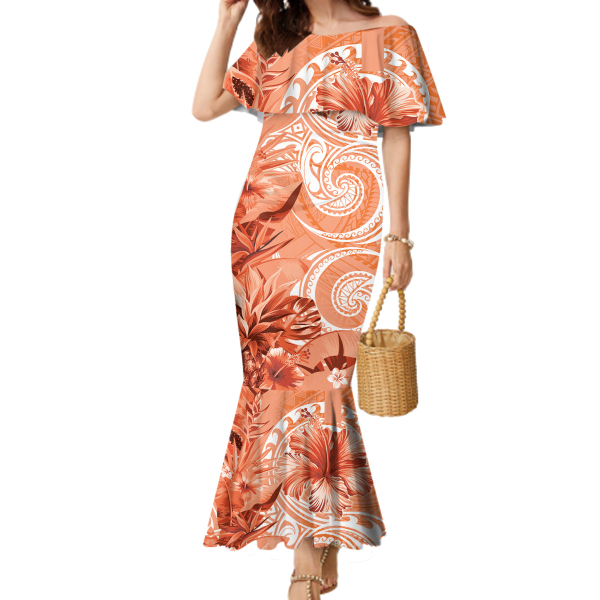 Polynesian Hibiscus Flower Tribal Family Matching Mermaid Dress and Hawaiian Shirt Peach Color LT9 Mom's Dress Peach - Polynesian Pride
