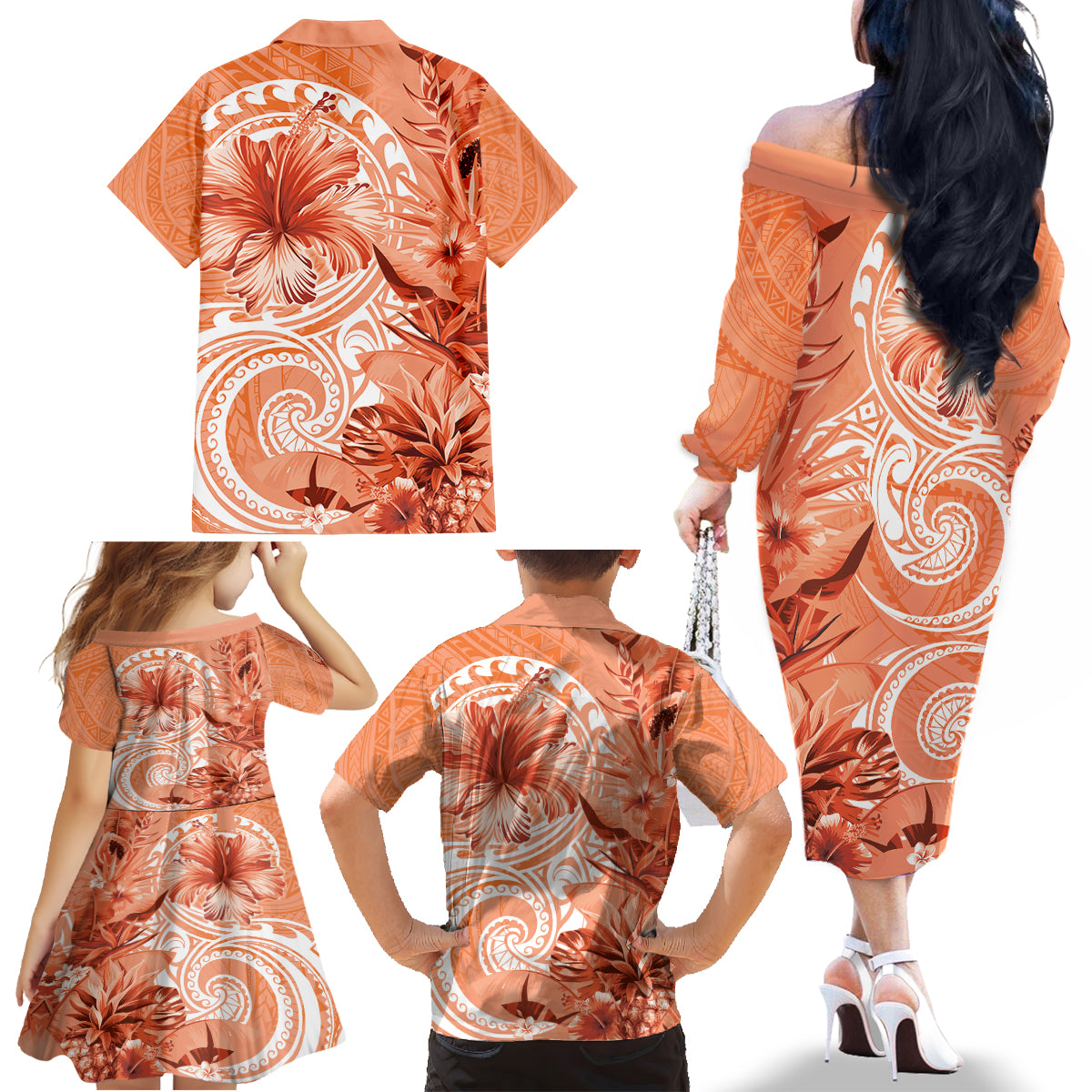 Polynesian Hibiscus Flower Tribal Family Matching Off The Shoulder Long Sleeve Dress and Hawaiian Shirt Peach Color LT9 - Polynesian Pride