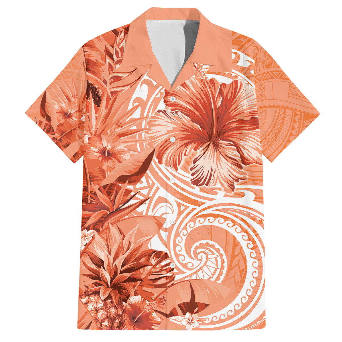 Polynesian Hibiscus Flower Tribal Family Matching Off The Shoulder Long Sleeve Dress and Hawaiian Shirt Peach Color LT9 Dad's Shirt - Short Sleeve Peach - Polynesian Pride