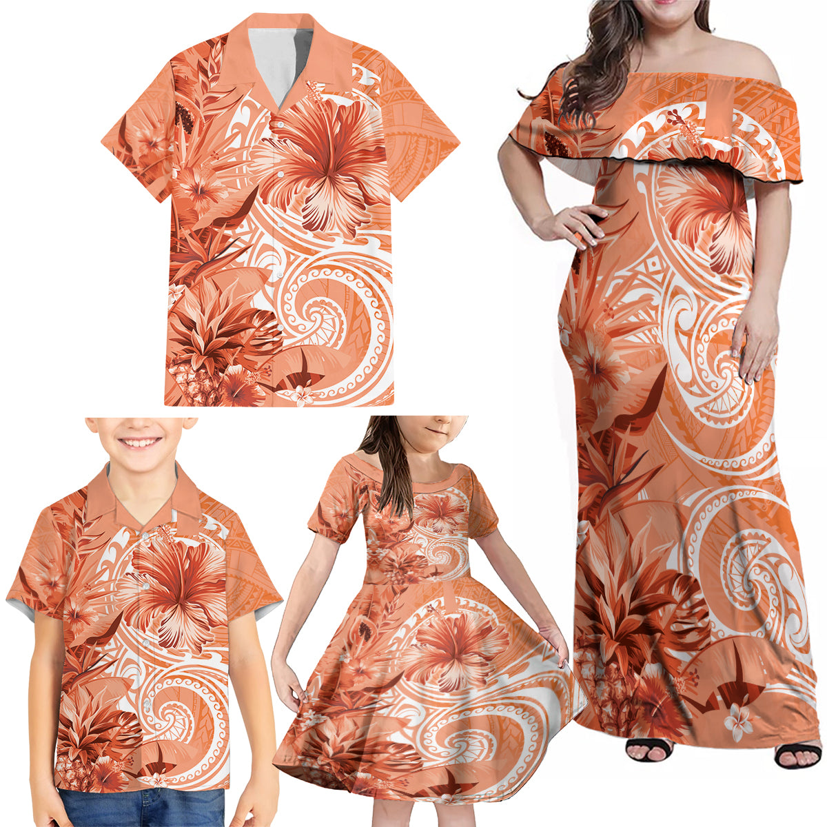 Polynesian Hibiscus Flower Tribal Family Matching Off Shoulder Maxi Dress and Hawaiian Shirt Peach Color LT9 - Polynesian Pride