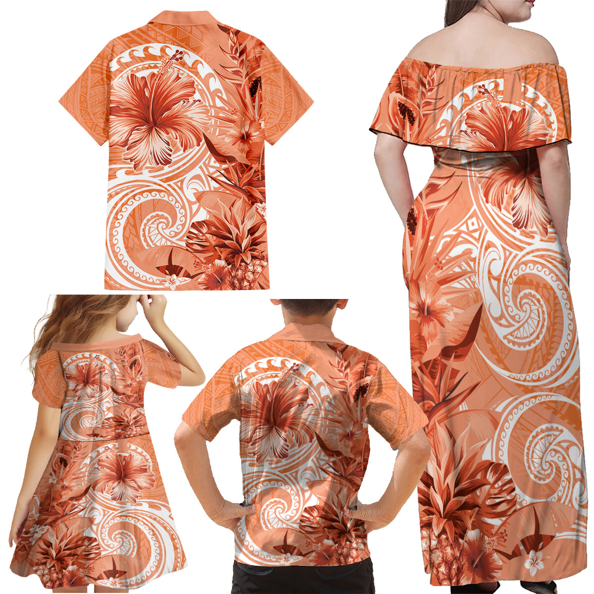Polynesian Hibiscus Flower Tribal Family Matching Off Shoulder Maxi Dress and Hawaiian Shirt Peach Color LT9 - Polynesian Pride