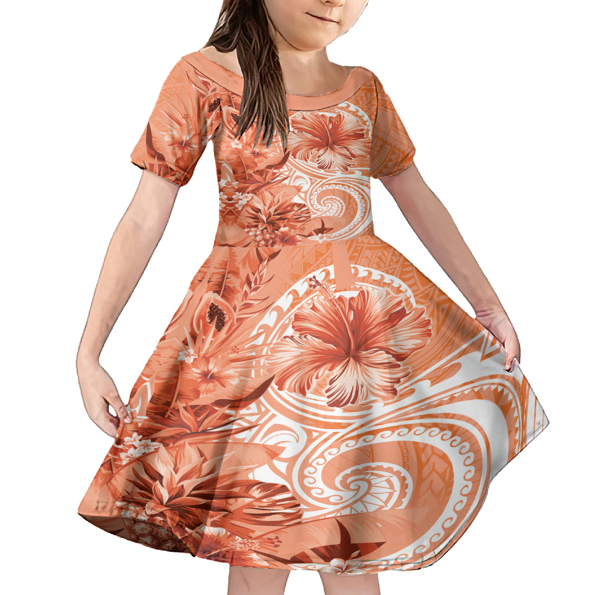Polynesian Hibiscus Flower Tribal Family Matching Off Shoulder Short Dress and Hawaiian Shirt Peach Color LT9 Daughter's Dress Peach - Polynesian Pride