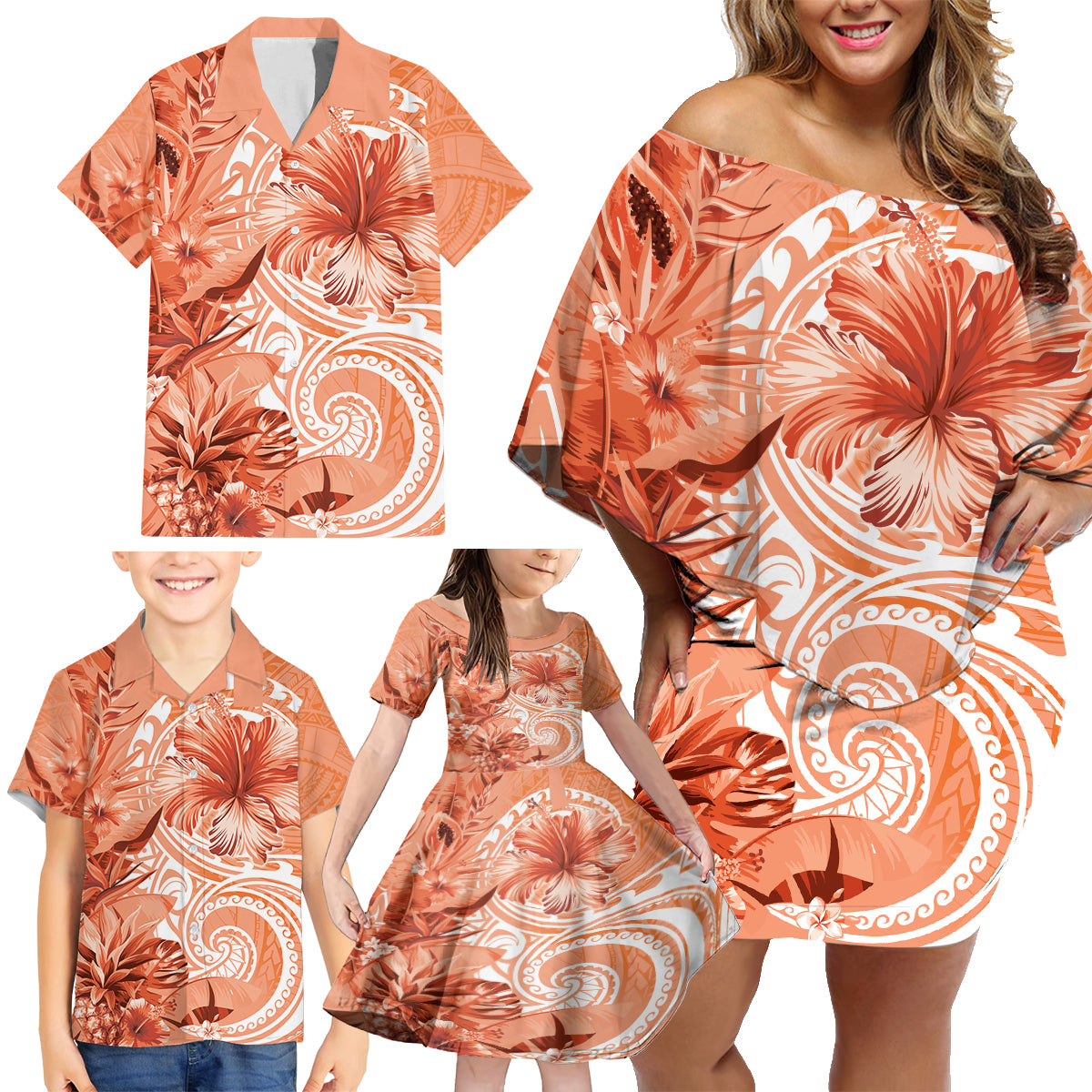 Polynesian Hibiscus Flower Tribal Family Matching Off Shoulder Short Dress and Hawaiian Shirt Peach Color LT9 - Polynesian Pride