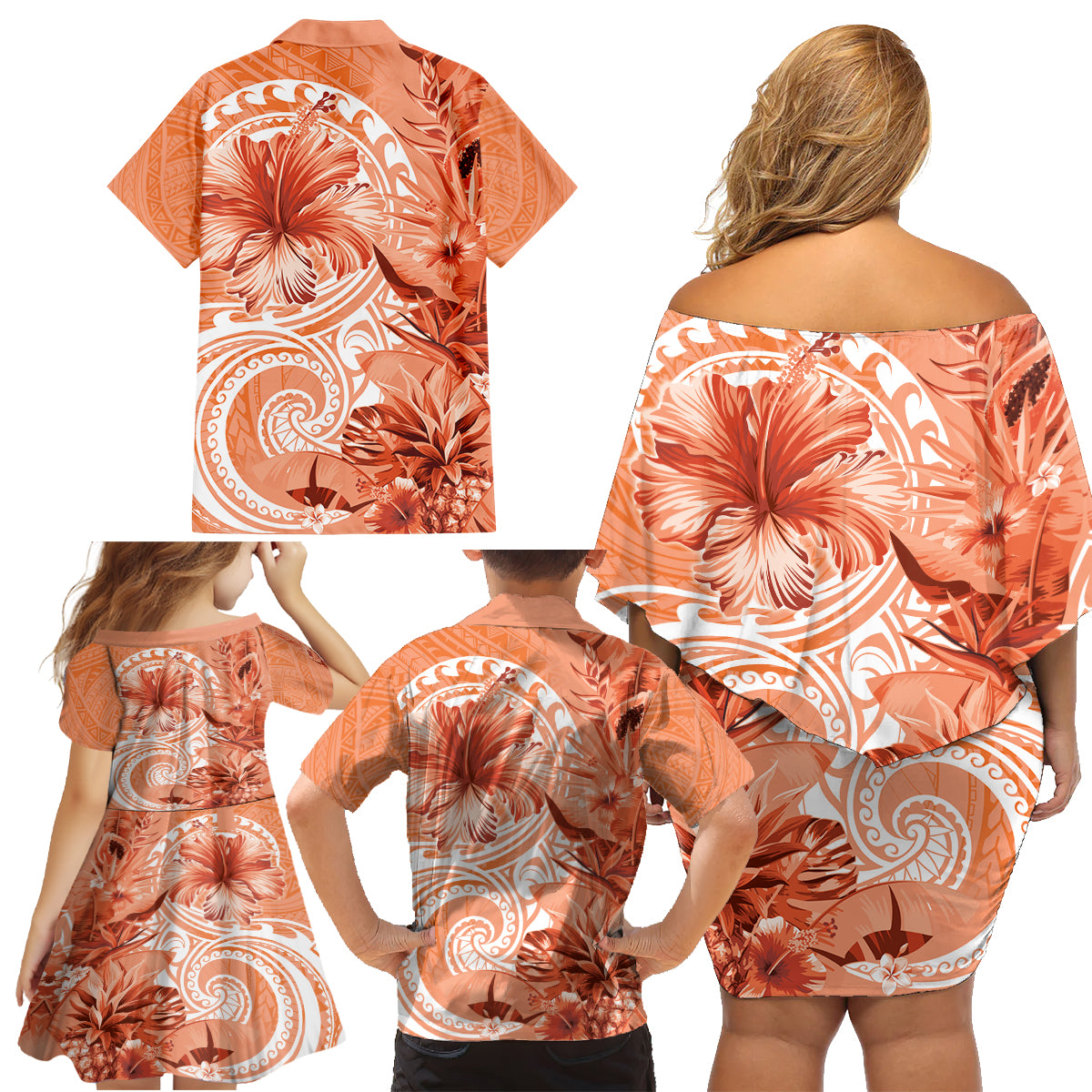 Polynesian Hibiscus Flower Tribal Family Matching Off Shoulder Short Dress and Hawaiian Shirt Peach Color LT9 - Polynesian Pride