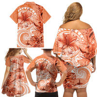 Polynesian Hibiscus Flower Tribal Family Matching Off Shoulder Short Dress and Hawaiian Shirt Peach Color LT9 - Polynesian Pride