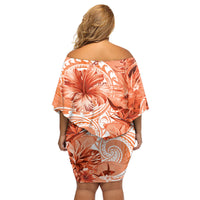 Polynesian Hibiscus Flower Tribal Family Matching Off Shoulder Short Dress and Hawaiian Shirt Peach Color LT9 - Polynesian Pride