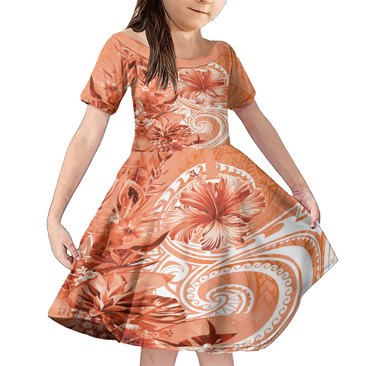 Polynesian Hibiscus Flower Tribal Family Matching Short Sleeve Bodycon Dress and Hawaiian Shirt Peach Color LT9 Daughter's Dress Peach - Polynesian Pride