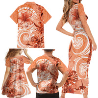 Polynesian Hibiscus Flower Tribal Family Matching Short Sleeve Bodycon Dress and Hawaiian Shirt Peach Color LT9 - Polynesian Pride