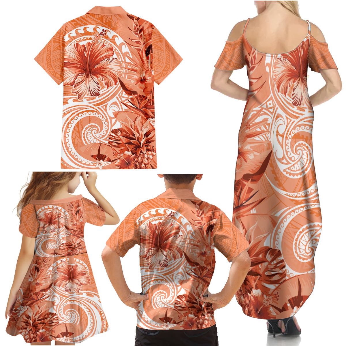 Polynesian Hibiscus Flower Tribal Family Matching Summer Maxi Dress and Hawaiian Shirt Peach Color LT9 - Polynesian Pride