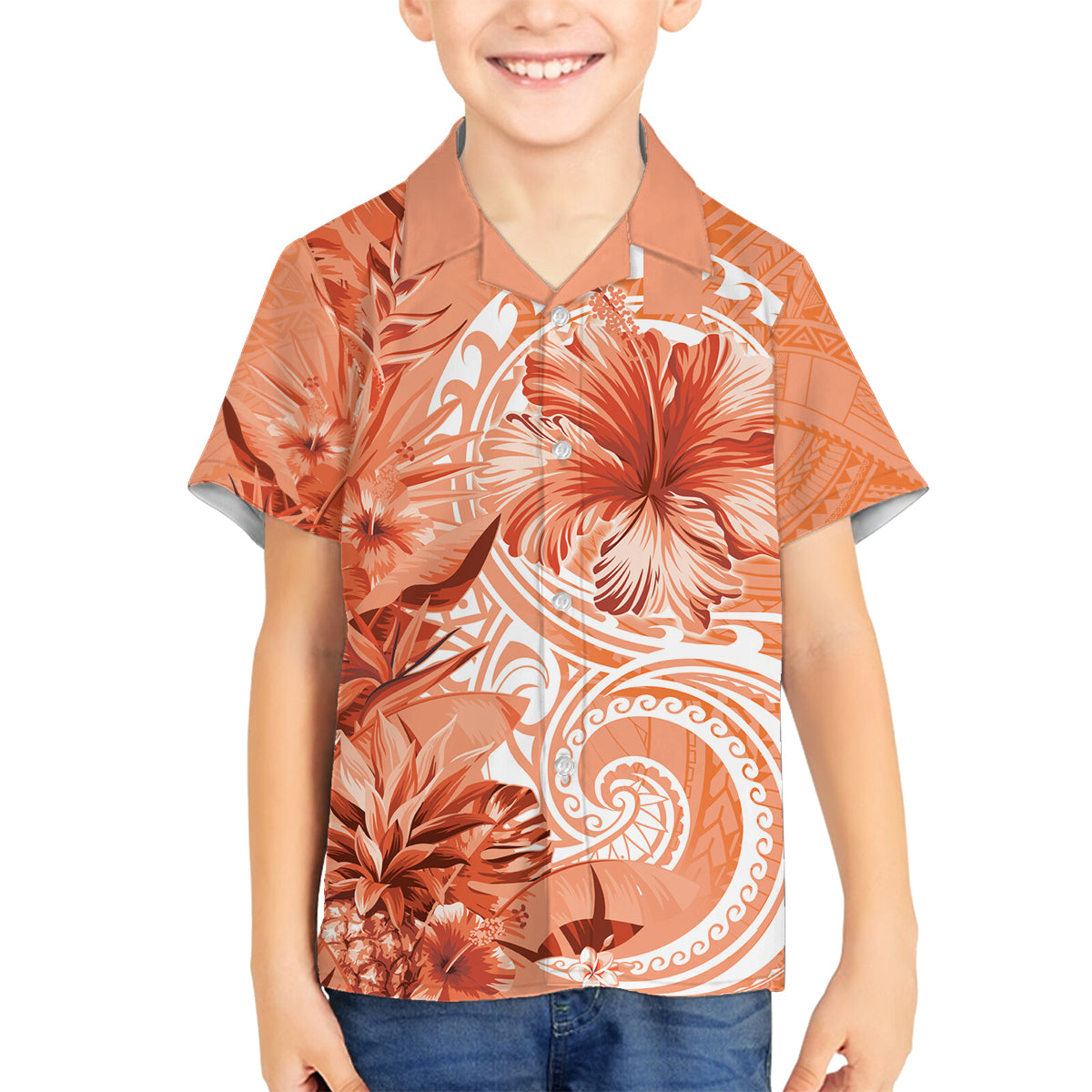 Polynesian Hibiscus Flower Tribal Family Matching Summer Maxi Dress and Hawaiian Shirt Peach Color LT9 Son's Shirt Peach - Polynesian Pride