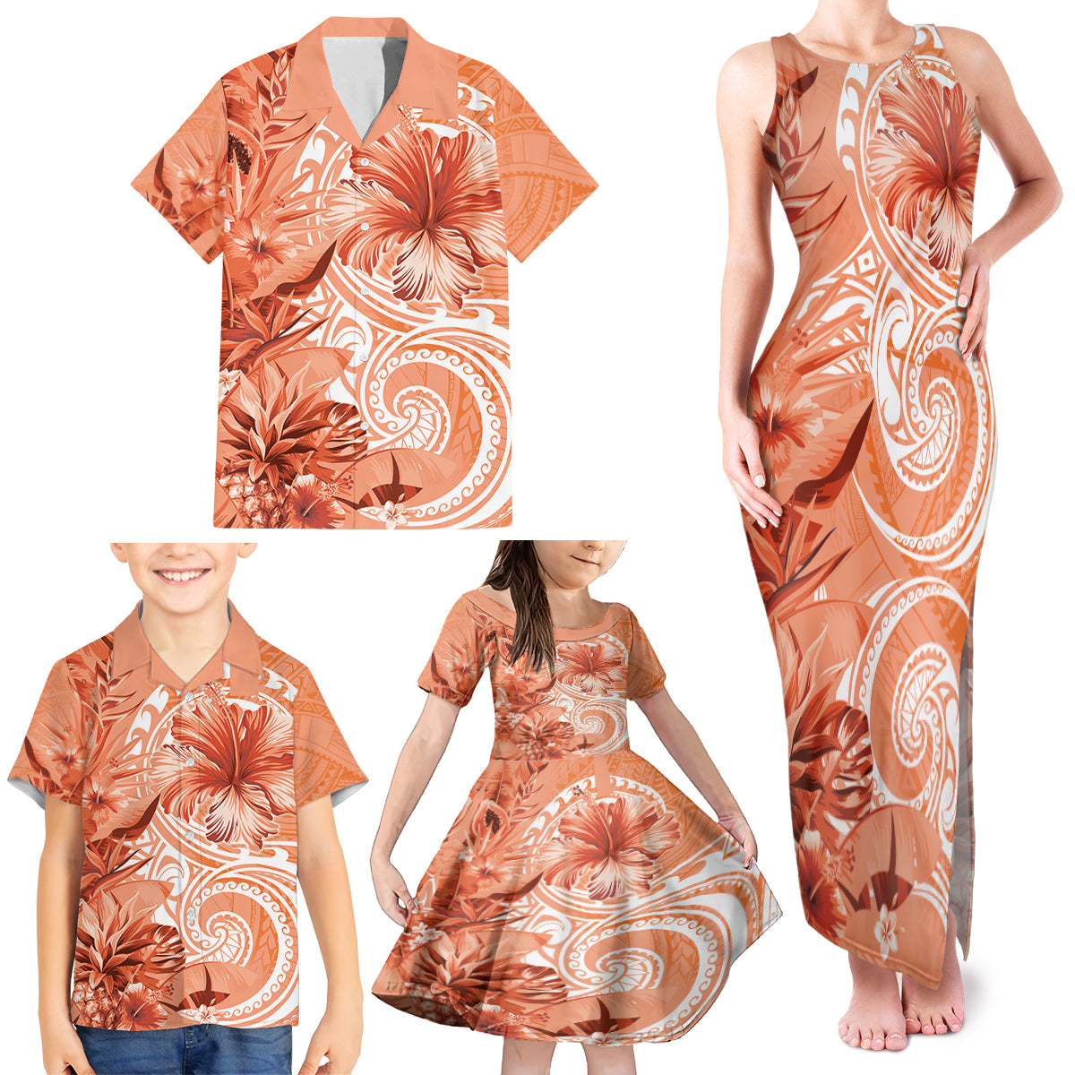 Polynesian Hibiscus Flower Tribal Family Matching Tank Maxi Dress and Hawaiian Shirt Peach Color LT9 - Polynesian Pride