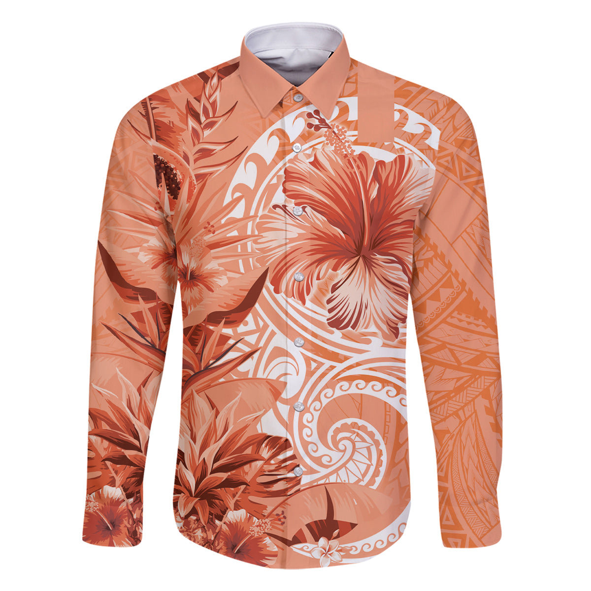 Polynesian Hibiscus Flower Tribal Family Matching Tank Maxi Dress and Hawaiian Shirt Peach Color LT9 Dad's Shirt - Long Sleeve Peach - Polynesian Pride
