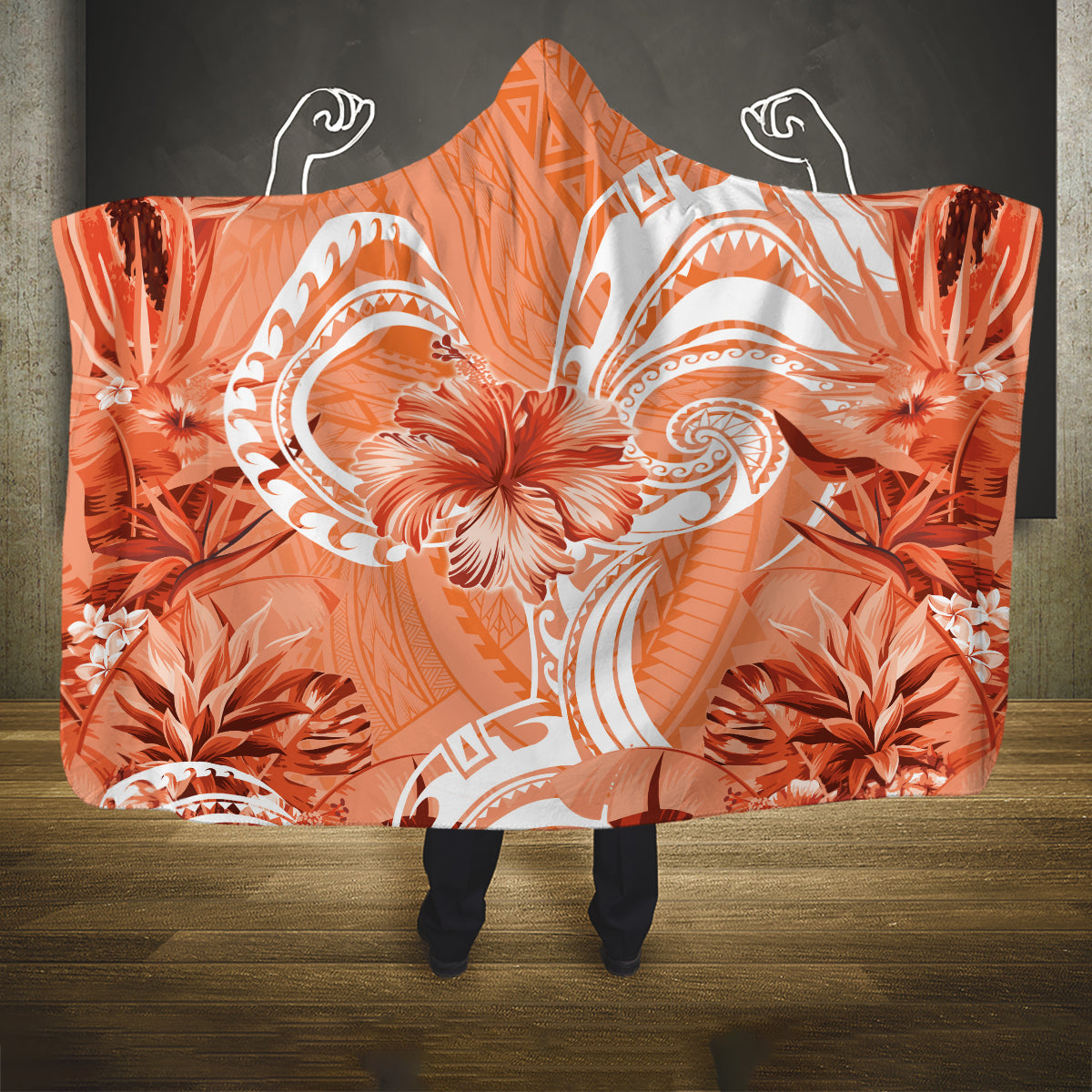 Polynesian Hibiscus Flower Tribal Hooded Blanket Peach Color LT9 One Size Peach - Polynesian Pride