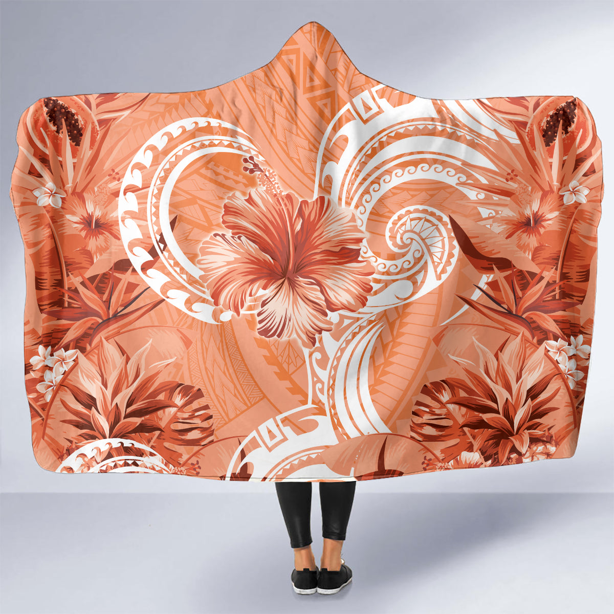 Polynesian Hibiscus Flower Tribal Hooded Blanket Peach Color LT9 - Polynesian Pride