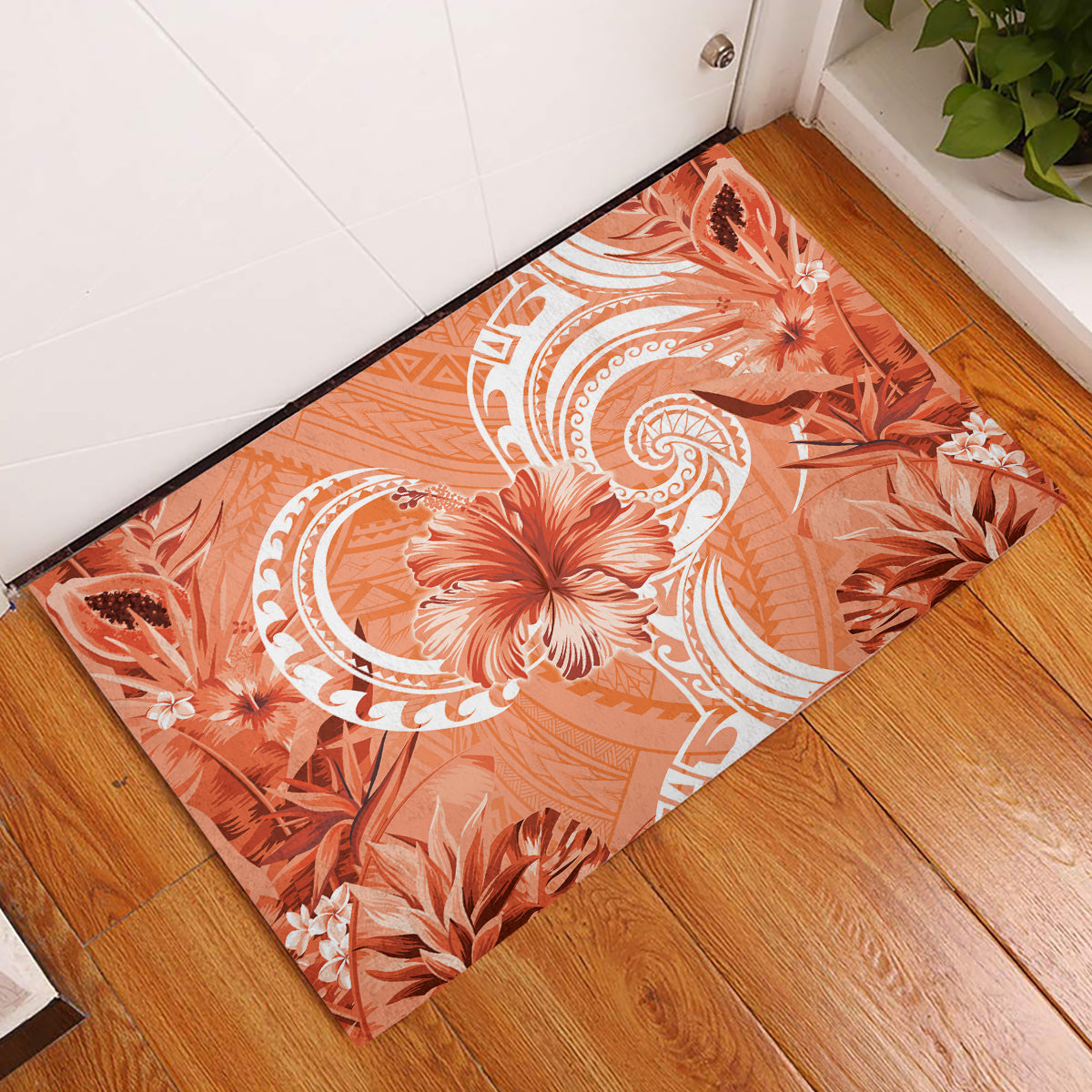 Polynesian Hibiscus Flower Tribal Rubber Doormat Peach Color