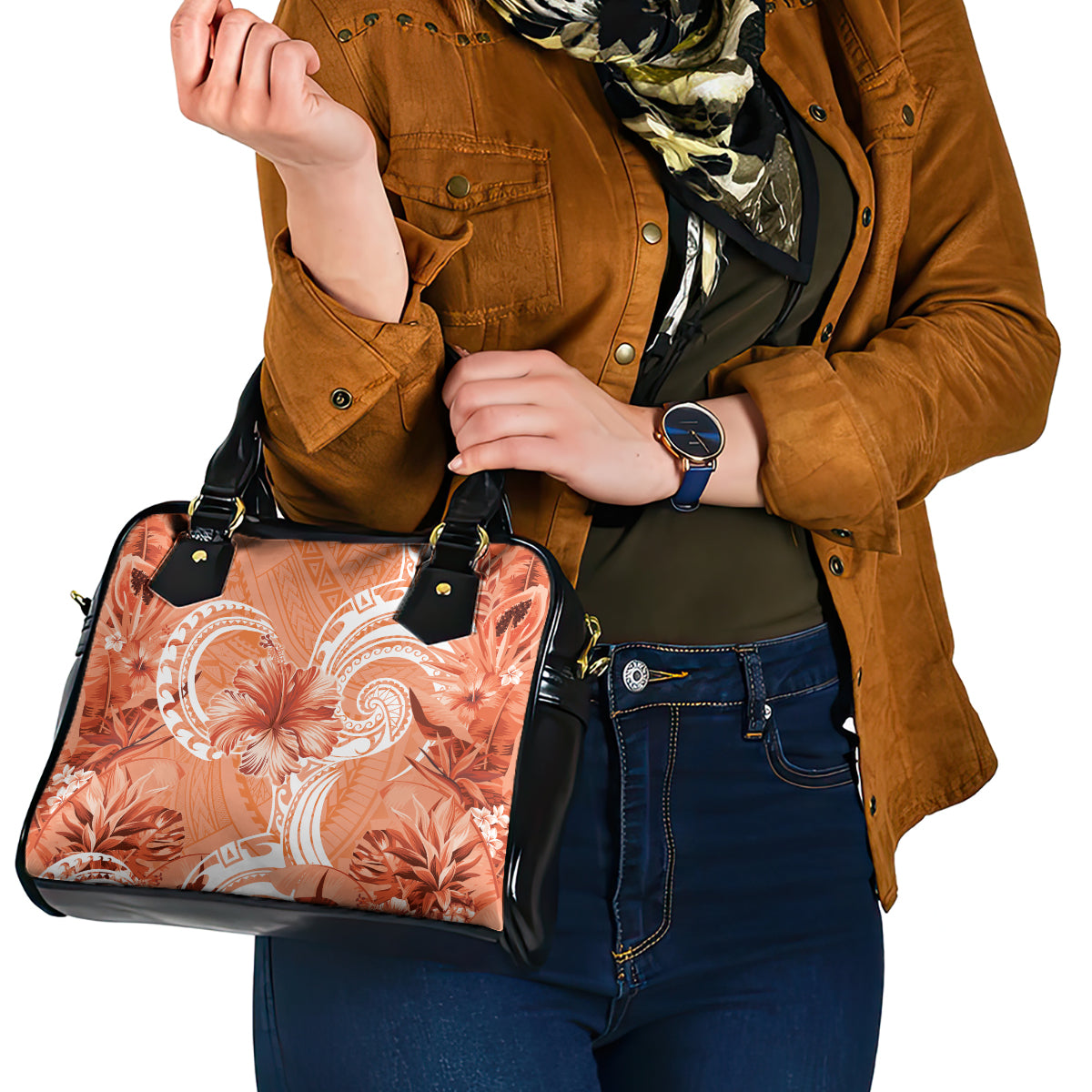 Polynesian Hibiscus Flower Tribal Shoulder Handbag Peach Color