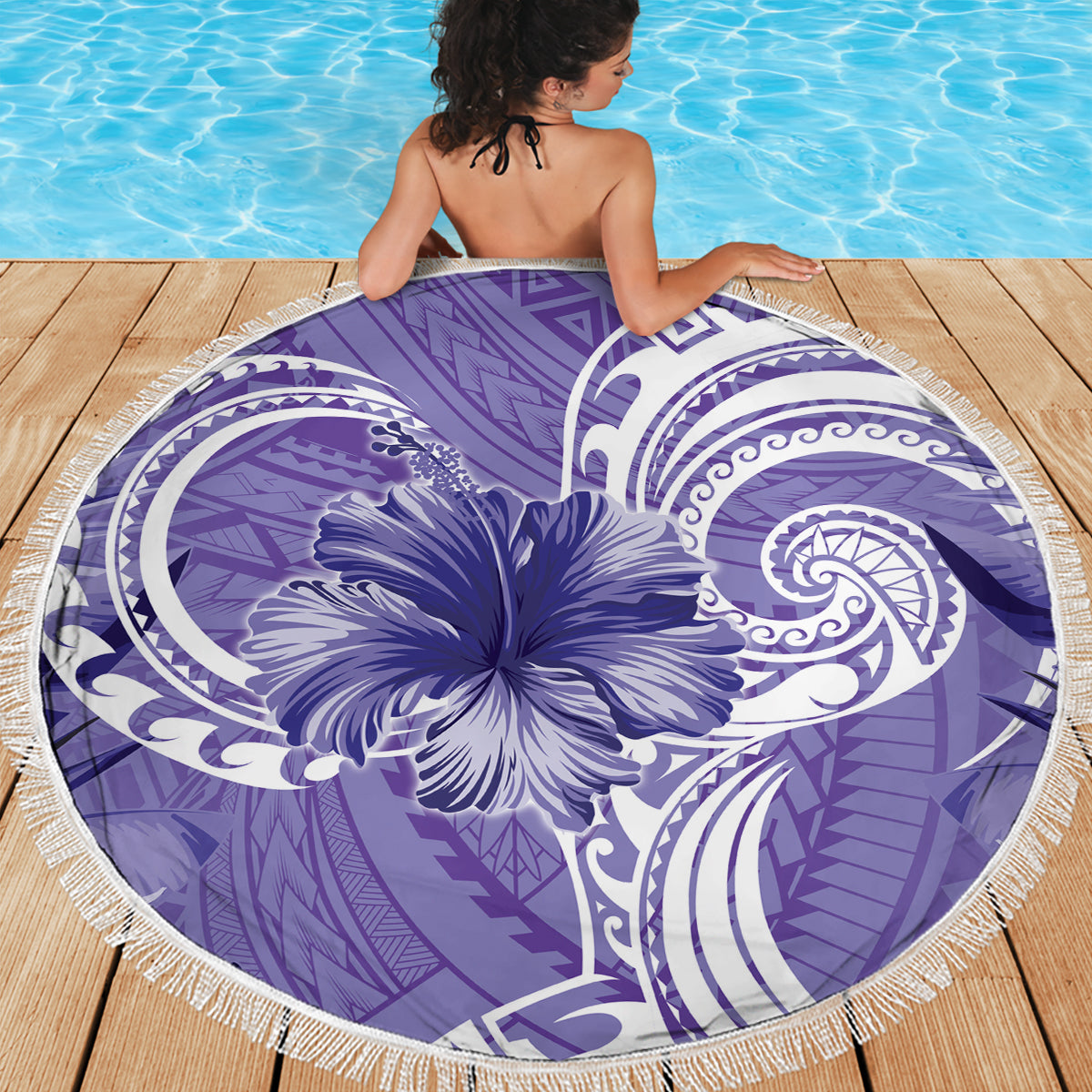 Polynesian Hibiscus Flower Tribal Beach Blanket Violet Color