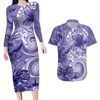 Polynesian Hibiscus Flower Tribal Couples Matching Long Sleeve Bodycon Dress and Hawaiian Shirt Violet Color LT9 Violet - Polynesian Pride