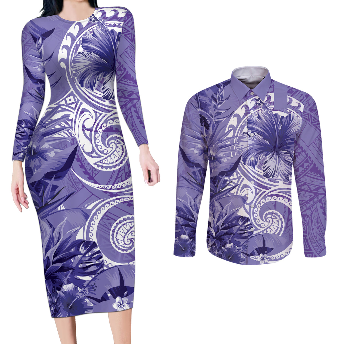 Polynesian Hibiscus Flower Tribal Couples Matching Long Sleeve Bodycon Dress and Long Sleeve Button Shirt Violet Color LT9 Violet - Polynesian Pride