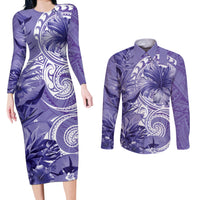 Polynesian Hibiscus Flower Tribal Couples Matching Long Sleeve Bodycon Dress and Long Sleeve Button Shirt Violet Color LT9 Violet - Polynesian Pride