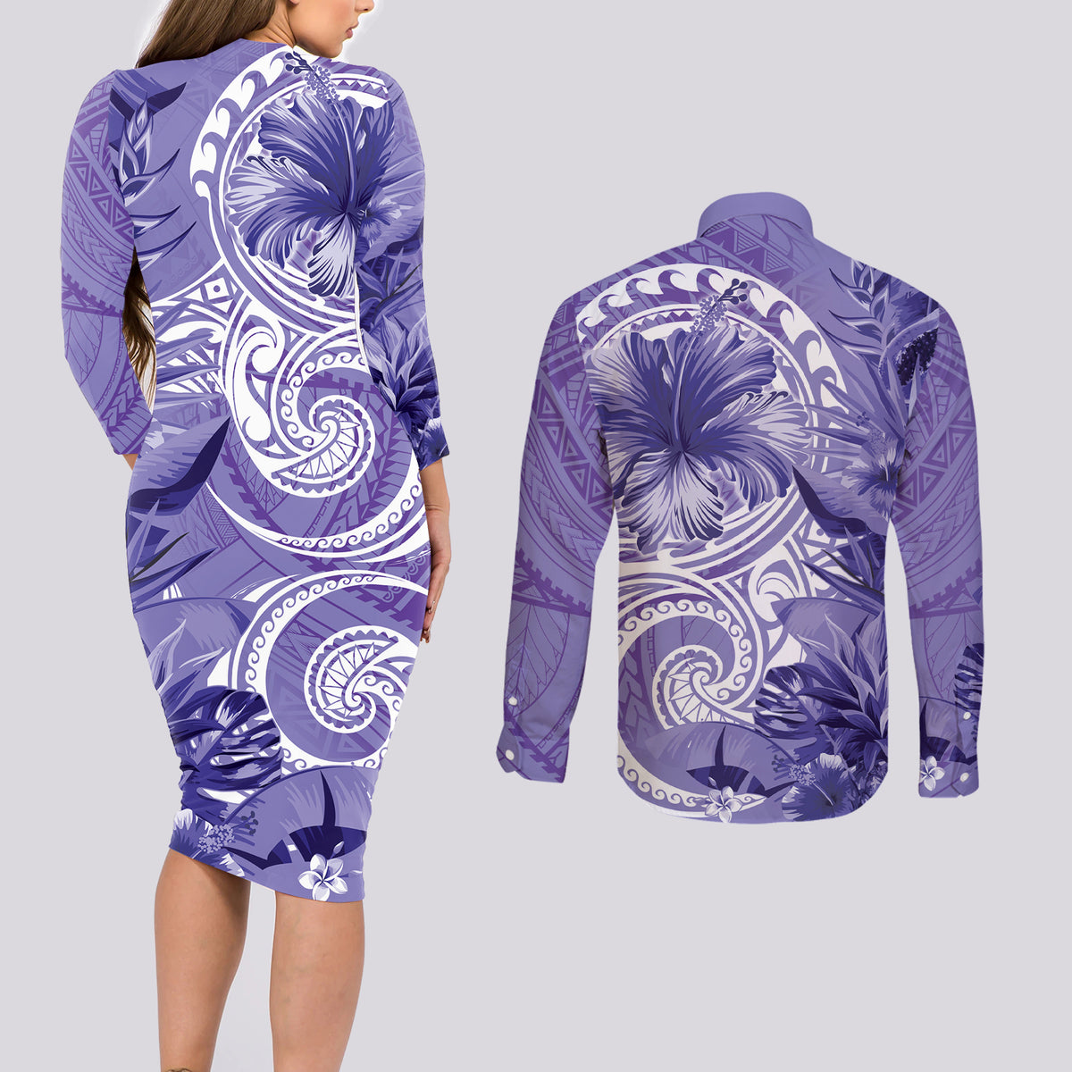 Polynesian Hibiscus Flower Tribal Couples Matching Long Sleeve Bodycon Dress and Long Sleeve Button Shirt Violet Color LT9 - Polynesian Pride