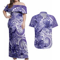 Polynesian Hibiscus Flower Tribal Couples Matching Off Shoulder Maxi Dress and Hawaiian Shirt Violet Color LT9 Violet - Polynesian Pride