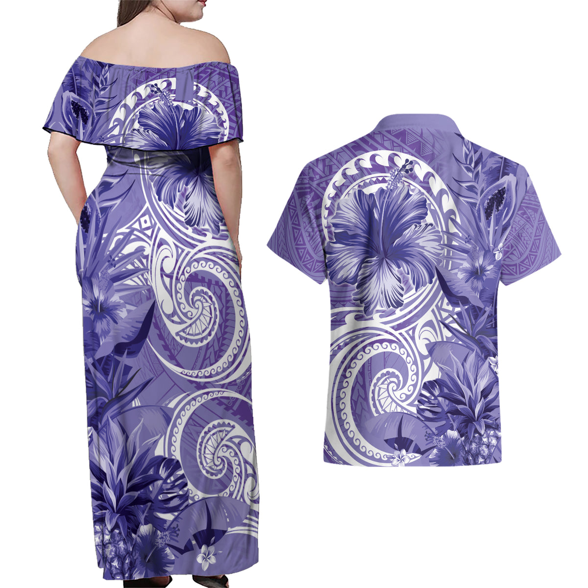 Polynesian Hibiscus Flower Tribal Couples Matching Off Shoulder Maxi Dress and Hawaiian Shirt Violet Color LT9 - Polynesian Pride