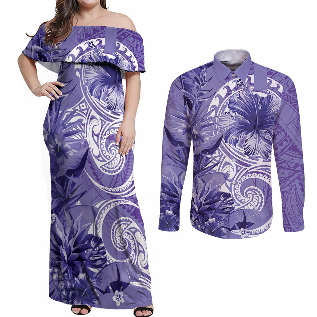 Polynesian Hibiscus Flower Tribal Couples Matching Off Shoulder Maxi Dress and Long Sleeve Button Shirt Violet Color LT9 Violet - Polynesian Pride